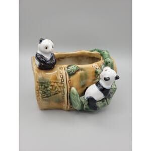 Lucky Bamboo Planter With Panda Bears on Bamboo Shoot Signed B-572 CAI Ceramic